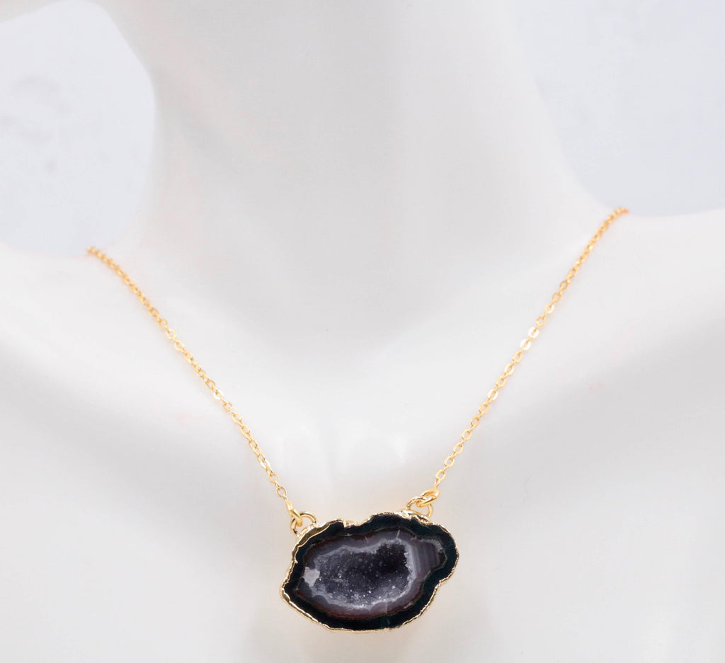 Natural Agate Natural Agate Bead Necklace Agate Gemstone Agate Beads 18K Gold Plated Natural GEODE AGATE Necklace, 26x12mm, 31.34ct,-Planet Gemstones