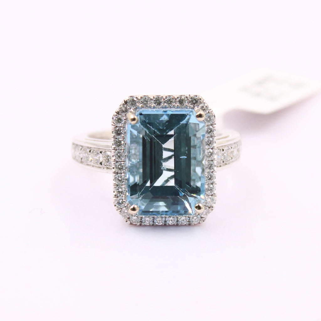Aquamarine and Diamond Ring with 14k White gold-Rings-Planet Gemstones