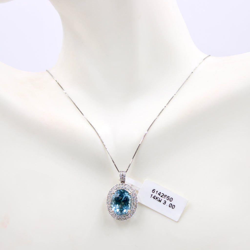 Aquamarine and Diamond Necklace with 14k White gold-Pendants-Planet Gemstones