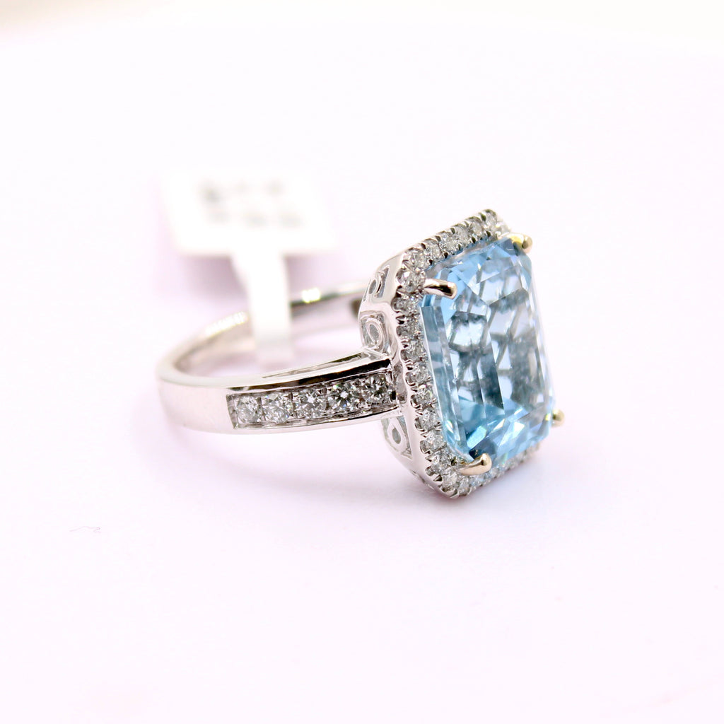 Aquamarine and Diamond Ring with 14k White gold-Rings-Planet Gemstones