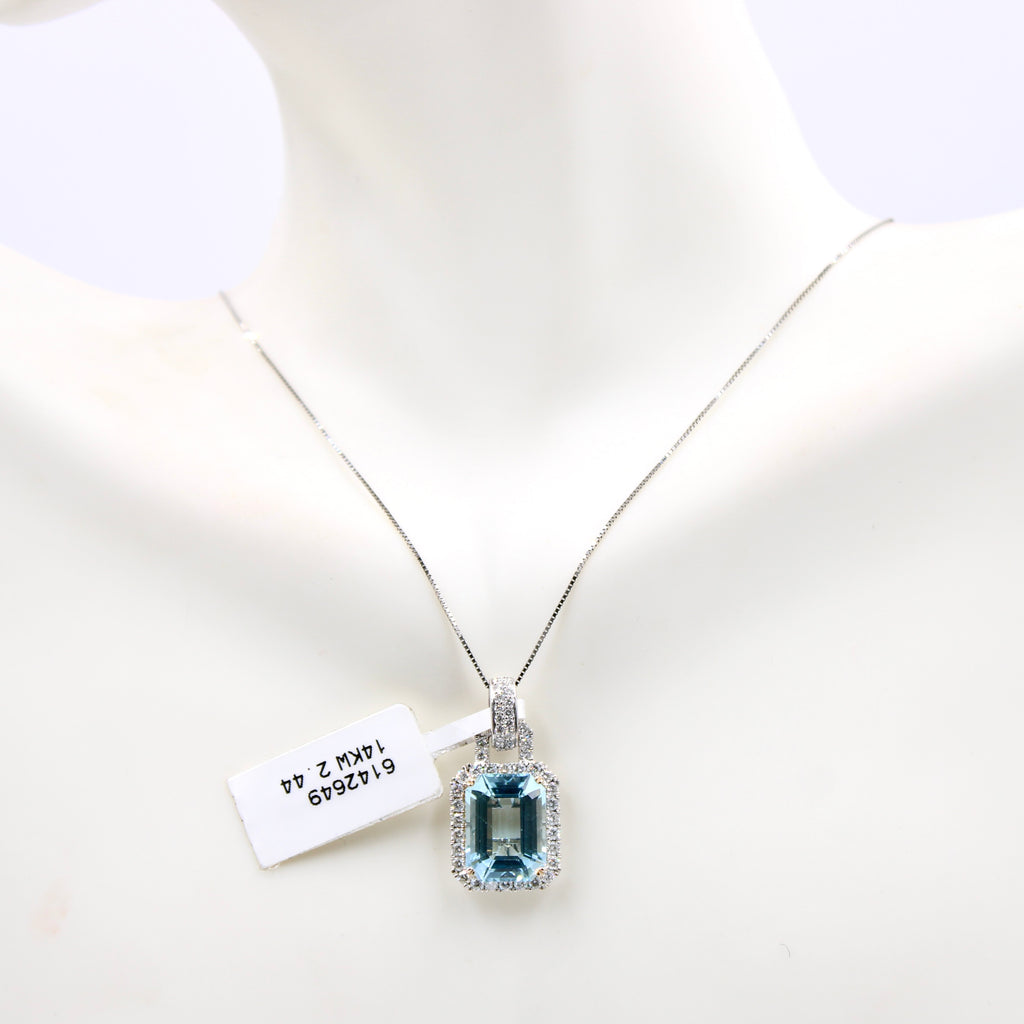 Aquamarine and Diamond Necklace with 14k White gold-Pendants-Planet Gemstones