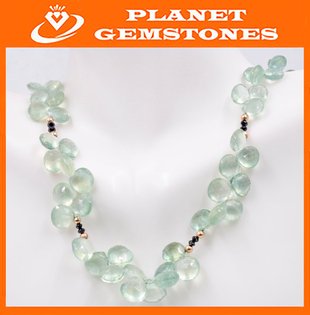 Natural Prehnite Prehnite Gemstone Prehnite Stone Genuine Prehnite 14K YG Black Diamond Prehnite Necklace Prehnite Beads 6-10mm 18 Inch-Planet Gemstones