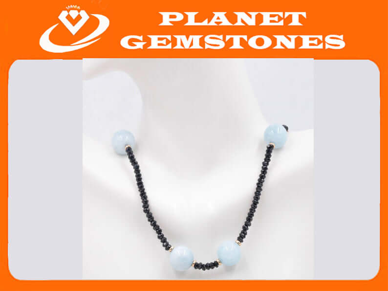 14k Natural Aquamarine Necklace with Black spinel-Aquamarine-Planet Gemstones
