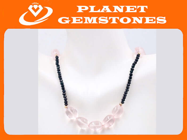 14k YG Rose Quartz and Black Spinel Smooth Nugget Necklace-Planet Gemstones