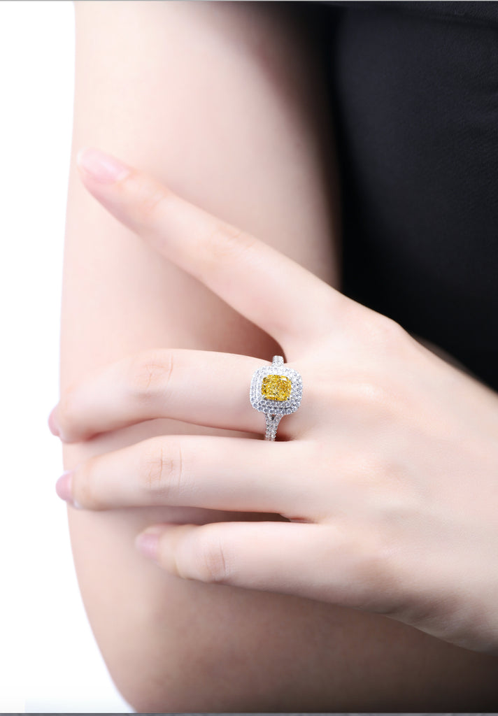 Womens Luxury halo ring with color vivid yellow , fancy pink and D white jewelems diamond.-Planet Gemstones