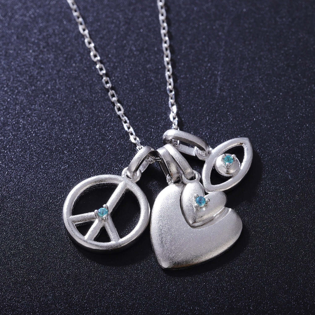 Twin heart, peace and evil eye necklace with phenomenal gemstones alexandrite-Charms Jewelry-Planet Gemstones