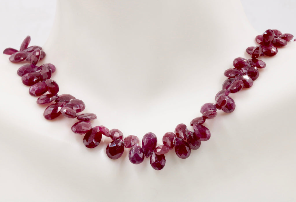 Natural Ruby Jewelry Ruby Unfinished Necklace July Birthstone Ruby Beads Ruby Briolette Drops Strand 5-8mm, 8.5 inches SKU:111298-Ruby-Planet Gemstones