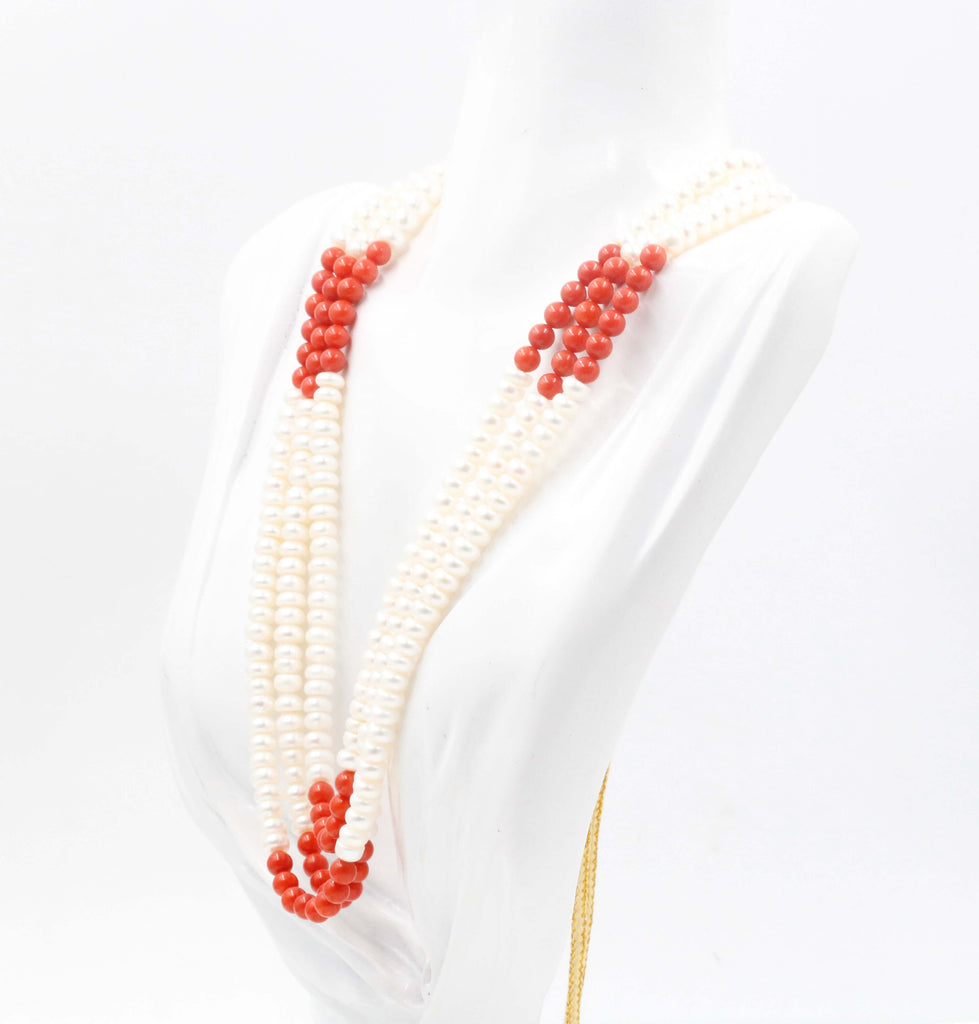 Fresh Water Pearl and Coral necklace Cultured pearls Small pearl necklace Coral necklace Freshwater Pearls and Coral SKU:6142481-Jewelry-Planet Gemstones