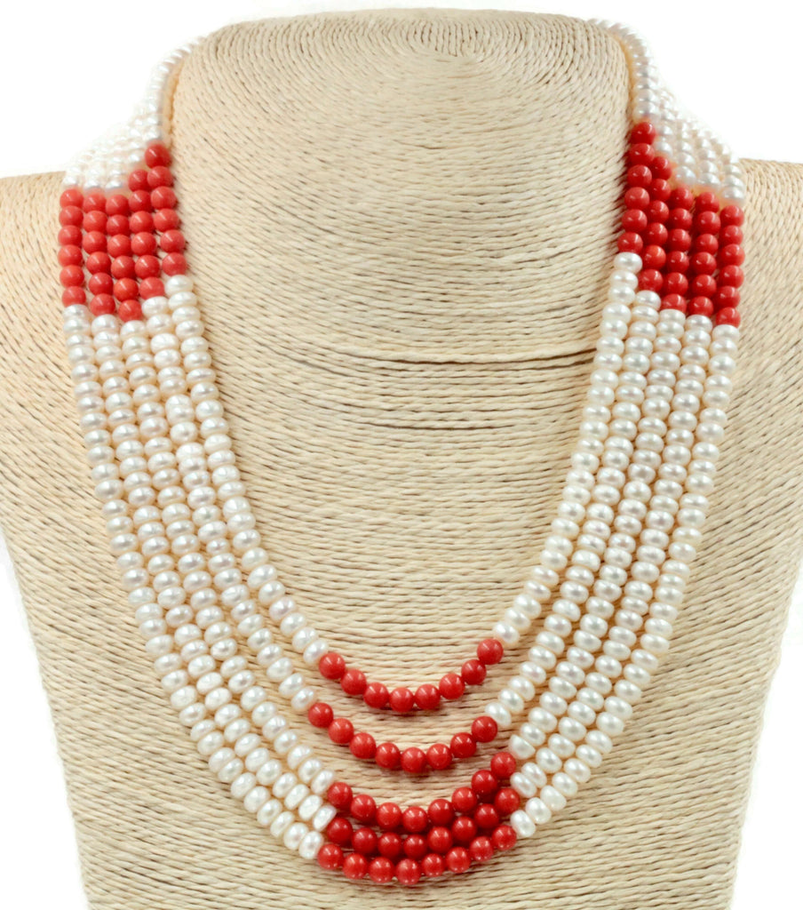 Fresh Water Pearl and Coral necklace Cultured pearls Small pearl necklace Coral necklace Freshwater Pearls and Coral SKU:6142481-Jewelry-Planet Gemstones