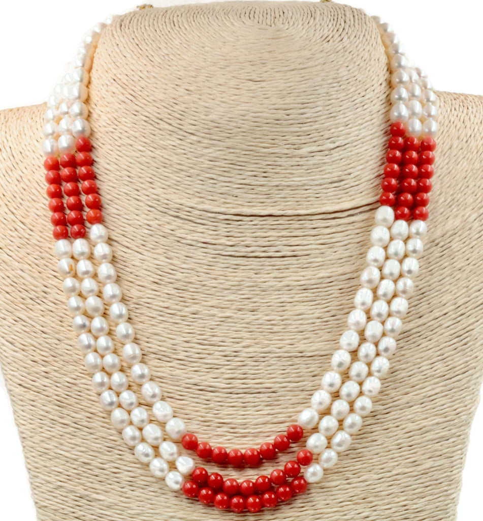 Fresh Water Pearl and Coral necklace Cultured pearls Small pearl necklace Coral necklace Freshwater Pearls and Coral SKU:6142479-Jewelry-Planet Gemstones