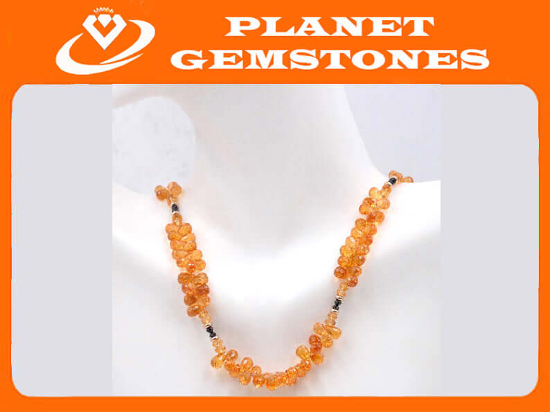 14K YG Spessartine Garnet And Black Diamond Necklace-Planet Gemstones