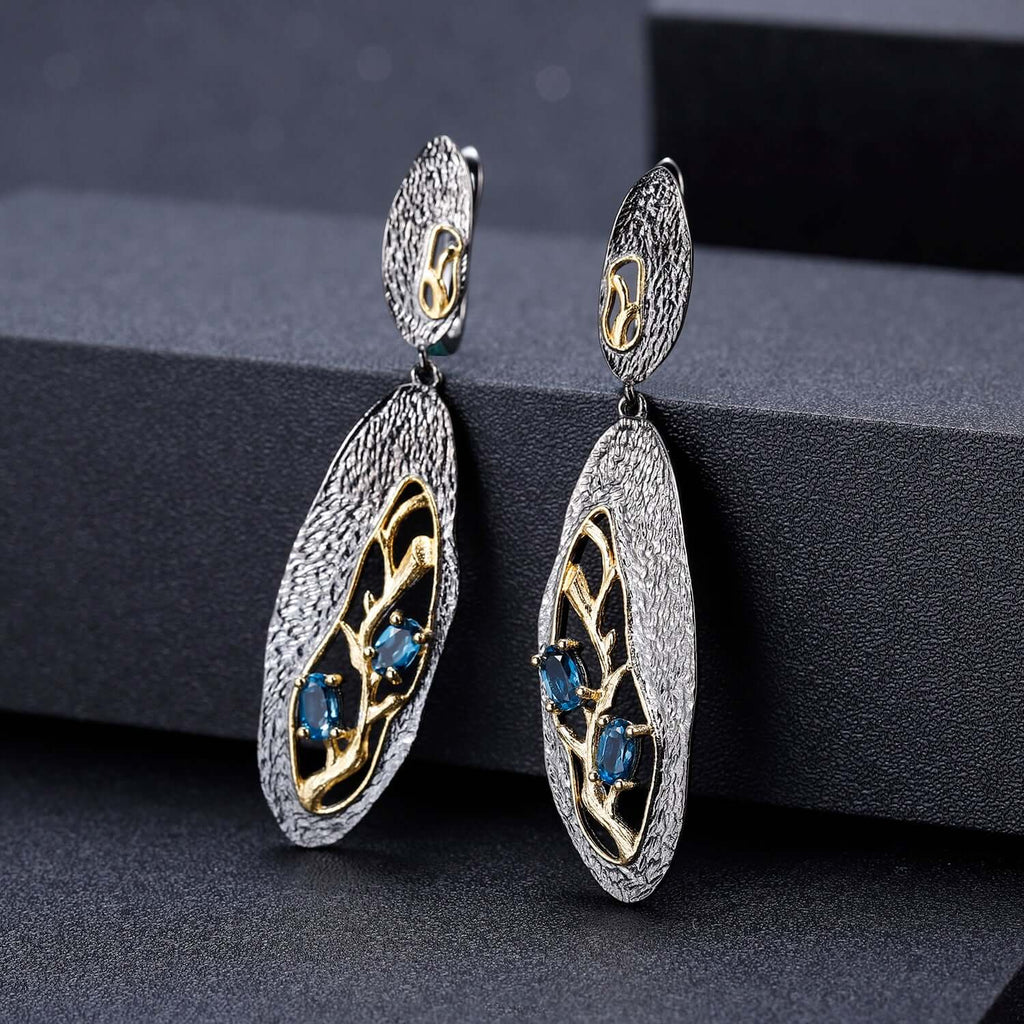 Rhodolite Garnet Branch Vintage Earrings For Women, Handmade Flower Plant Leaf Earrings, Sterling Silver Earrings, Statement Dangle Earrings-earrings-Planet Gemstones