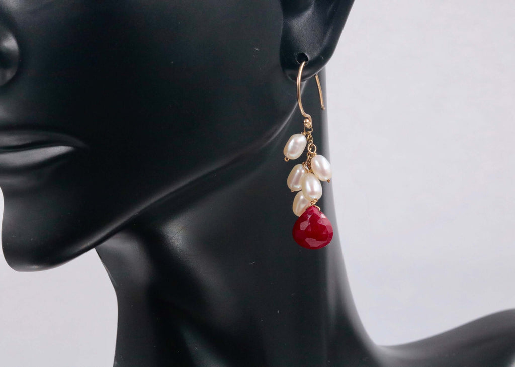 14KY Gold Ruby and Pearl earrings Ruby Gemstone Earrings Pearl Gemstone Earrings Faceted Gemstone Drop Earrings SKU:6142200-earrings-Planet Gemstones