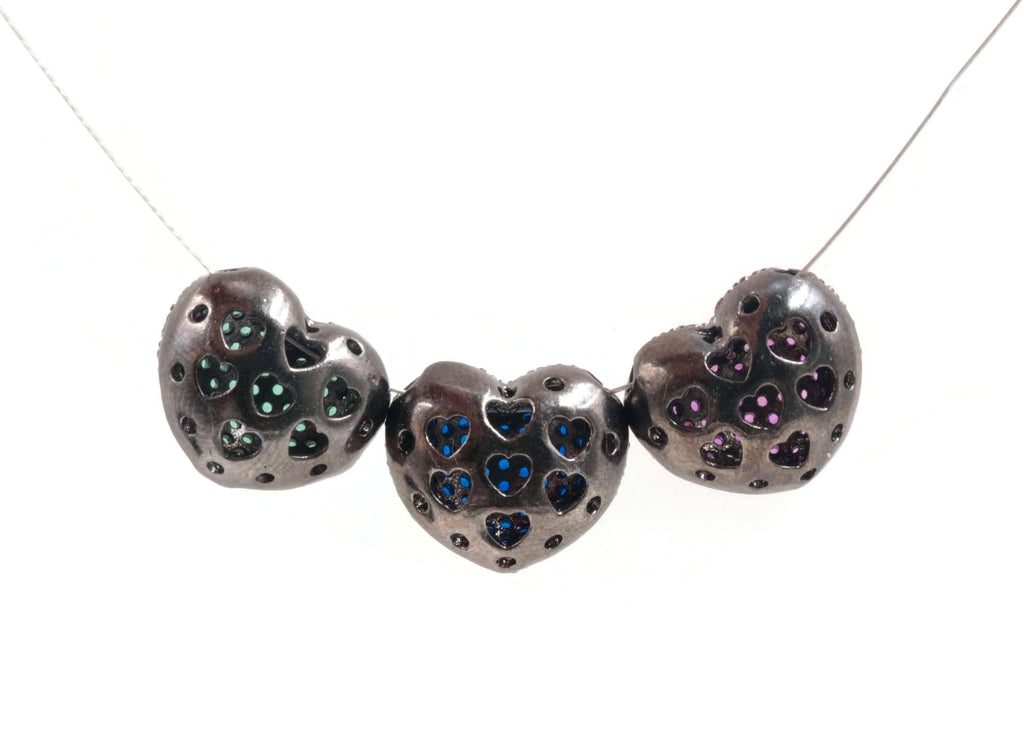 1PC Black Rhodium plated Red, Green or Blue Micro Pave Beads Heart Shape 12x15mm SKU: 6142287,88,89-Beads-Planet Gemstones