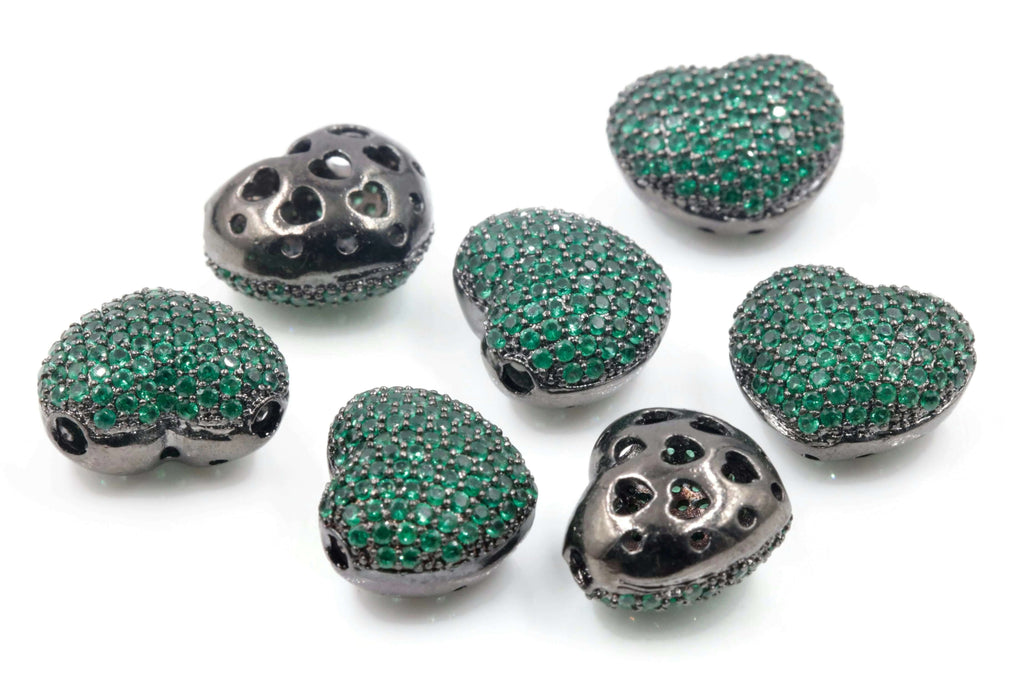 1PC Black Rhodium plated Red, Green or Blue Micro Pave Beads Heart Shape 12x15mm SKU: 6142287,88,89-Beads-Planet Gemstones