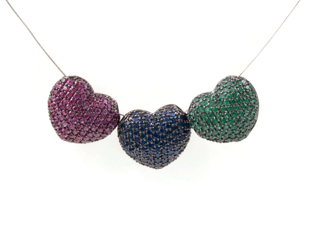 1PC Black Rhodium plated Red, Green or Blue Micro Pave Beads Heart Shape 12x15mm SKU: 6142287,88,89-Beads-Planet Gemstones