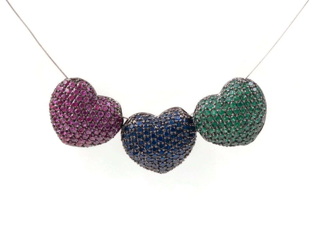 1PC Black Rhodium plated Red, Green or Blue Micro Pave Beads Heart Shape 12x15mm SKU: 6142287,88,89-Beads-Planet Gemstones