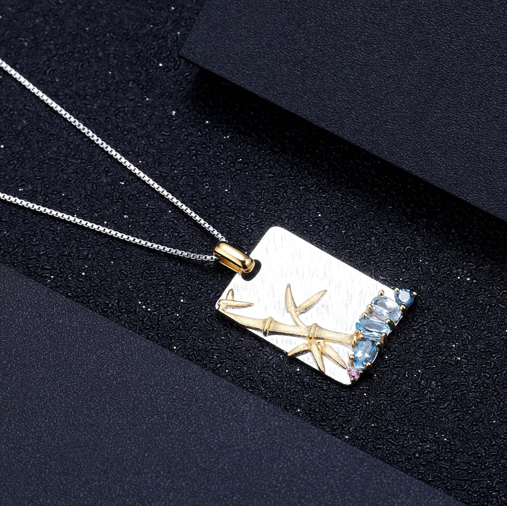 Natural Blue Topaz Vintage necklace For Women Bamboo Plant Pendant necklace-necklace-Planet Gemstones