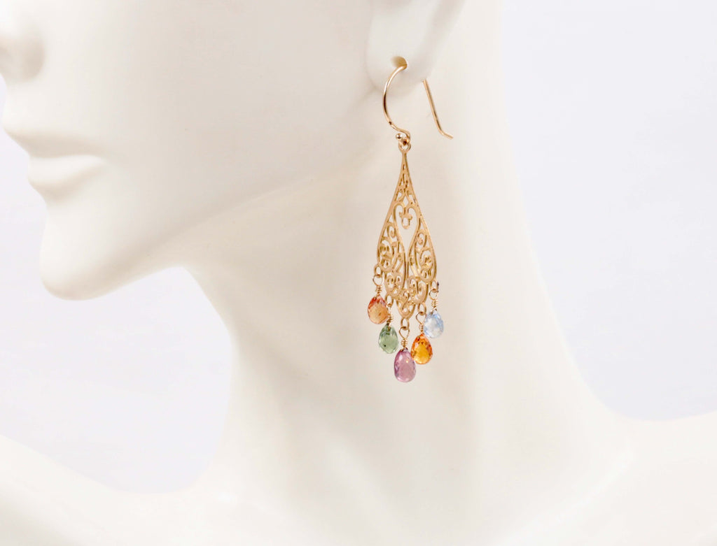 14KY Gold Multicolor sapphire party earrings Long Drop Earrings SKU:6142203-earrings-Planet Gemstones