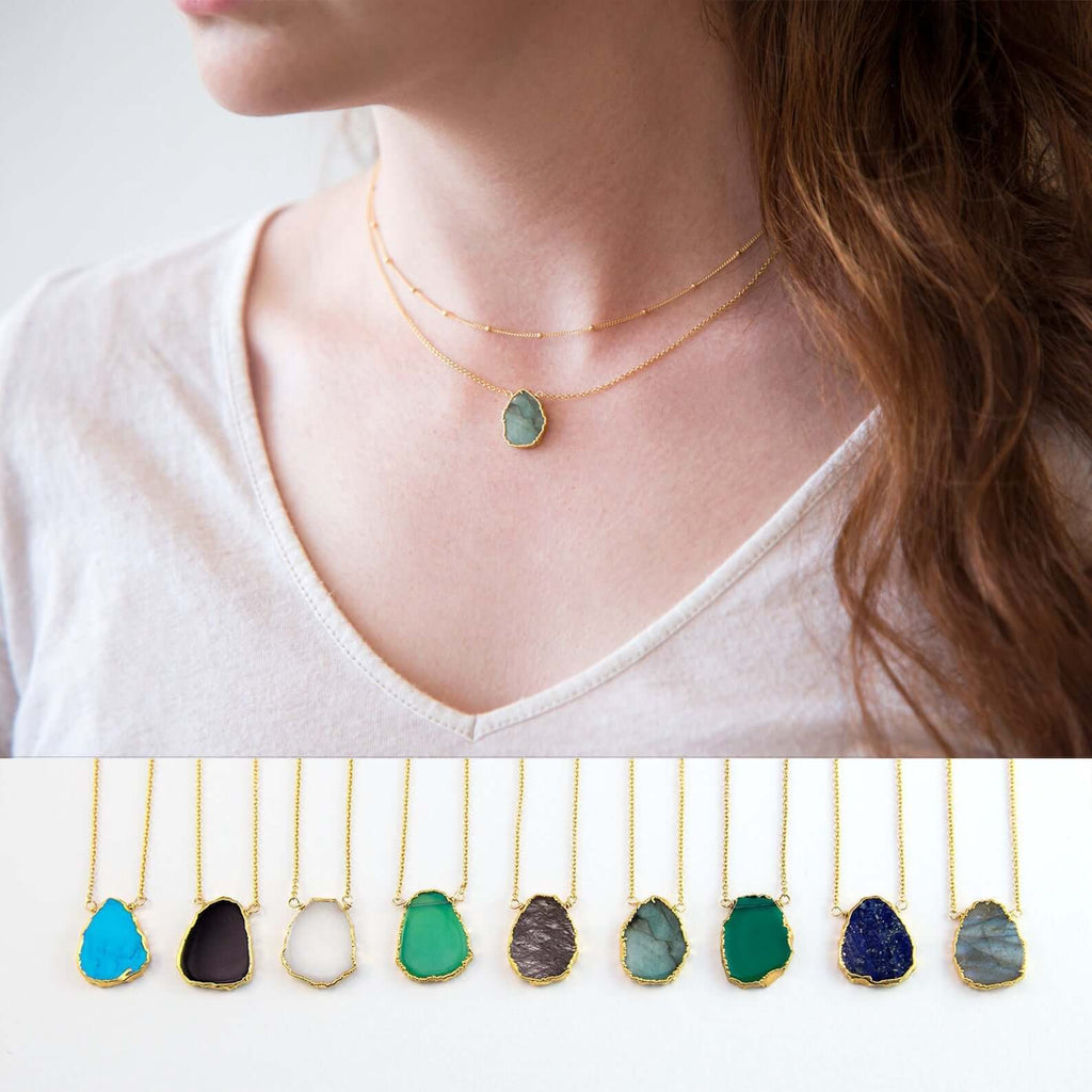 Gemstone Slice Pendant Necklace Boho Jewelry Raw Gemstones Necklace Layered Necklace Gemstone Slice Connector Necklace SKU: 6142270-necklace-Planet Gemstones