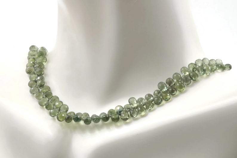 Natural Green Sapphire DIY Jewelry Sapphire Unfinished Necklace September Birthstone Sapphire Briolette Drops Strand 8 Inches SKU:00111294-Beads-Planet Gemstones