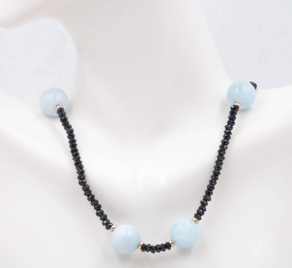 14k Natural Aquamarine Necklace with Black spinel-Aquamarine-Planet Gemstones