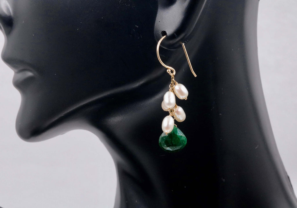 Emerald Party Earrings 14KY Gold Emerald and Pearl earrings Gemstone Earrings Faceted Drop Earrings Green Gemstone Earrings SKU:6142201-earrings-Planet Gemstones