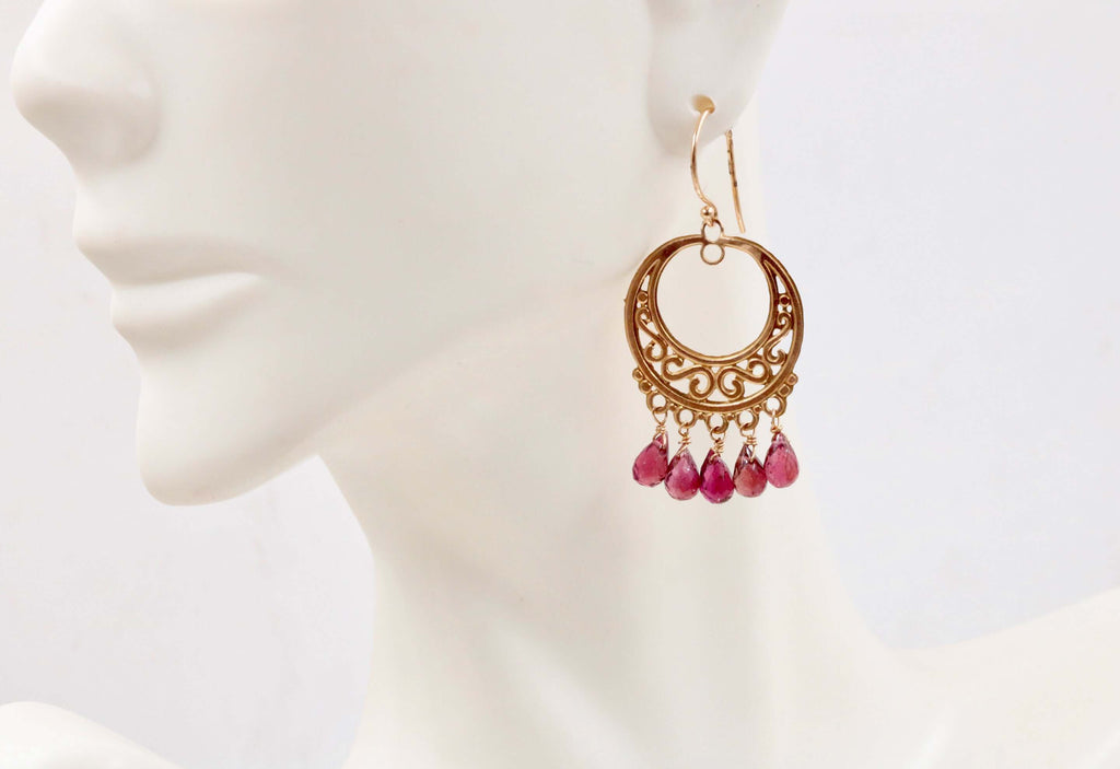 14KY Gold Rubilite party earrings Long Drop Earrings SKU:6142204-earrings-Planet Gemstones