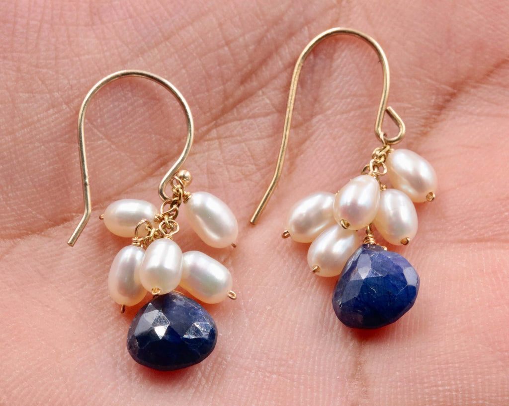 14KY Gold sapphire and pearl earrings Sapphire Earrings Faceted Drop Blue and White Gemstone Earrings SKU:6142202-earrings-Planet Gemstones