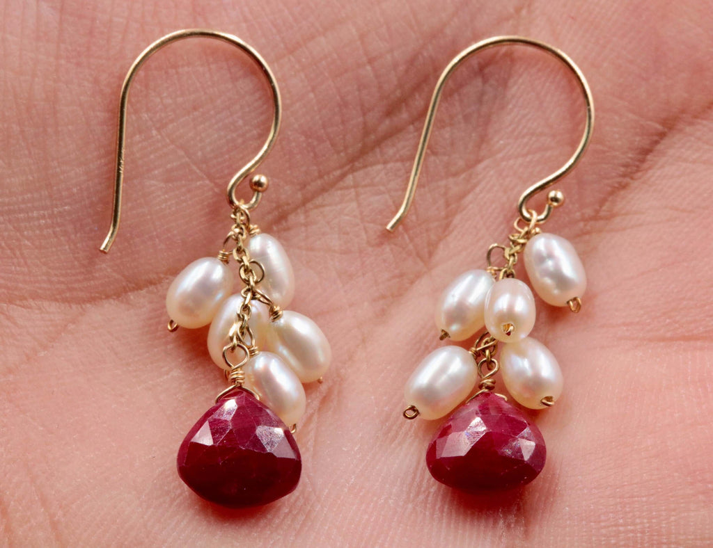 14KY Gold Ruby and Pearl earrings Ruby Gemstone Earrings Pearl Gemstone Earrings Faceted Gemstone Drop Earrings SKU:6142200-earrings-Planet Gemstones